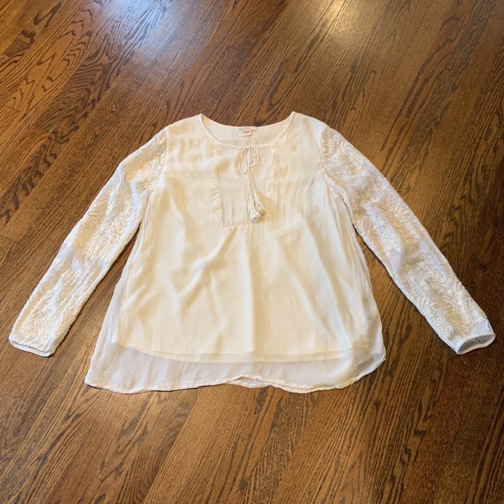 Sundance Top Shirt Tunic Boho Embroidered Sheer Sleeves Tassel Sz L Lagenlook